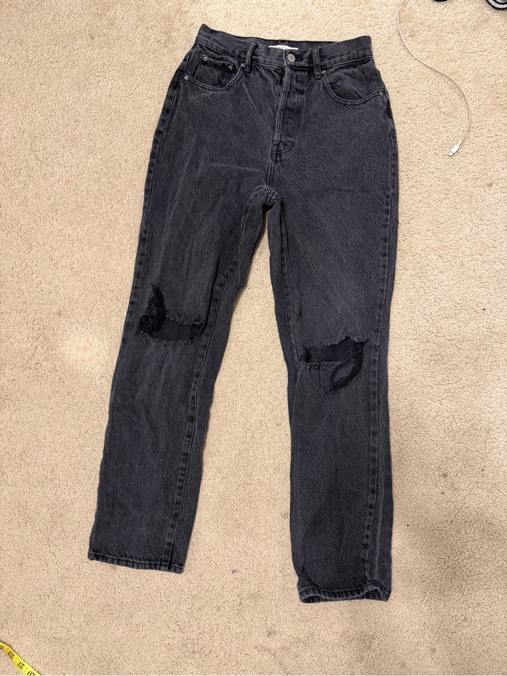 PacSun Distressed Black High Waisted Dad Jeans Button Fly Ripped Knee 26